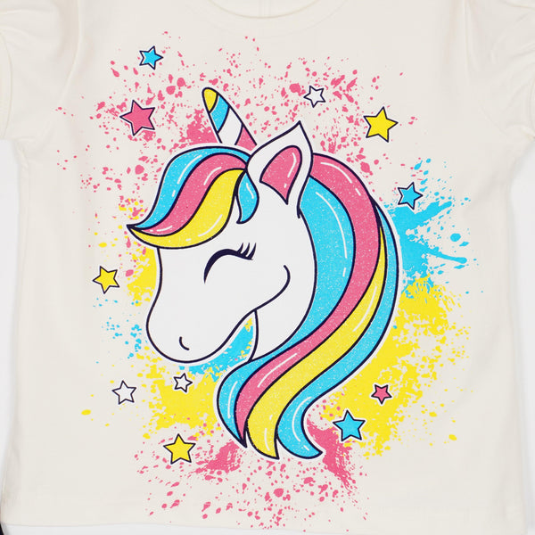 Girls' Shine' Unicorn Printed Summer Set Cream/Navy Blue (2-6y) - Clothes4Kids