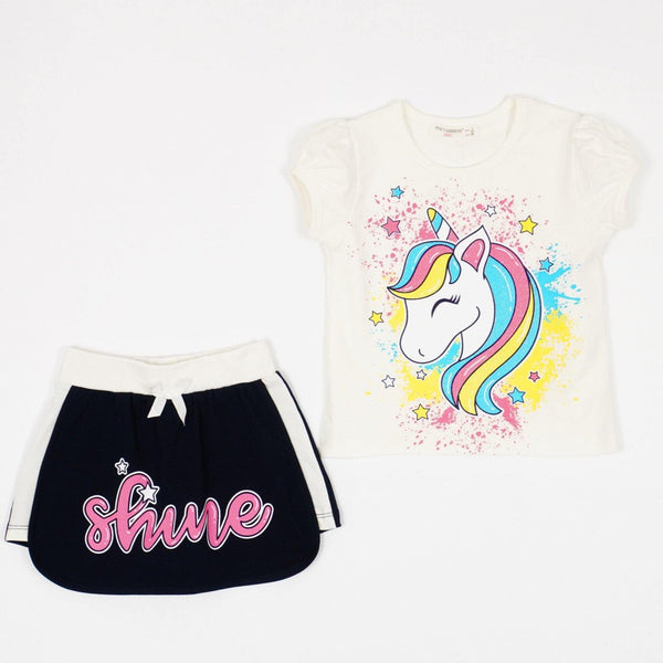 Girls' Shine' Unicorn Printed Summer Set Cream/Navy Blue (2-6y) - Clothes4Kids