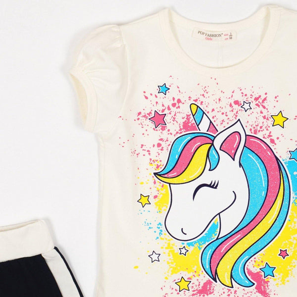 Girls' Shine' Unicorn Printed Summer Set Cream/Navy Blue (2-6y) - Clothes4Kids
