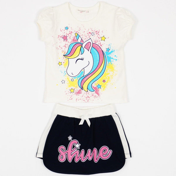 Girls' Shine' Unicorn Printed Summer Set Cream/Navy Blue (2-6y) - Clothes4Kids