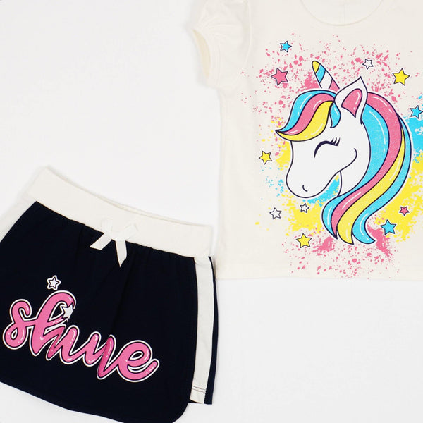 Girls' Shine' Unicorn Printed Summer Set Cream/Navy Blue (2-6y) - Clothes4Kids