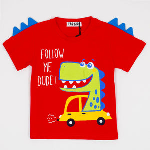 Boys' Follow Me Dude! ' Dino Printed Red T-Shirt (1-5y) - Clothes4Kids
