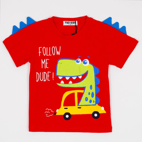 Boys' Follow Me Dude! ' Dino Printed Red T-Shirt (1-5y) - Clothes4Kids