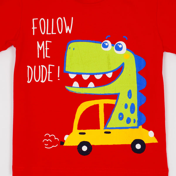 Boys' Follow Me Dude! ' Dino Printed Red T-Shirt (1-5y) - Clothes4Kids