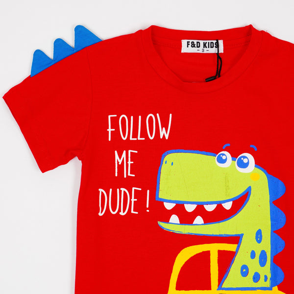 Boys' Follow Me Dude! ' Dino Printed Red T-Shirt (1-5y) - Clothes4Kids