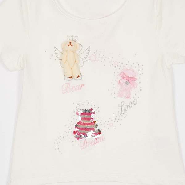 Girls' Bear Love Dream ' Printed Sequin Light Cream T-Shirt (3-12y) - Clothes4Kids