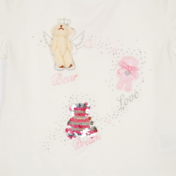 Girls' Bear Love Dream ' Printed Sequin Light Cream T-Shirt (3-12y) - Clothes4Kids
