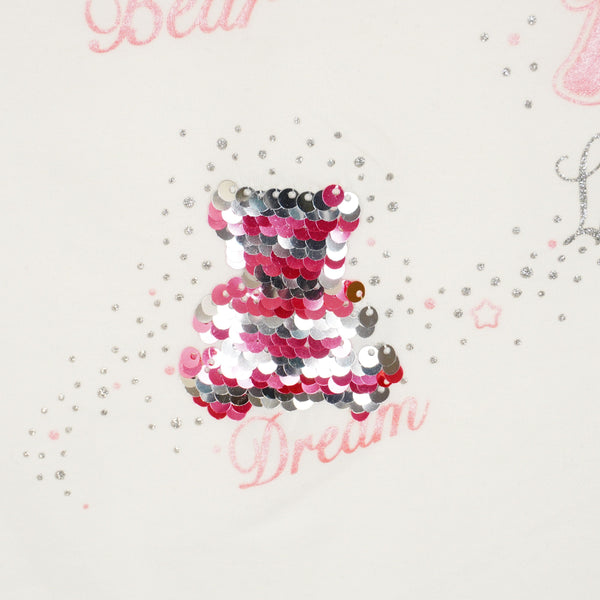 Girls' Bear Love Dream ' Printed Sequin Light Cream T-Shirt (3-12y) - Clothes4Kids