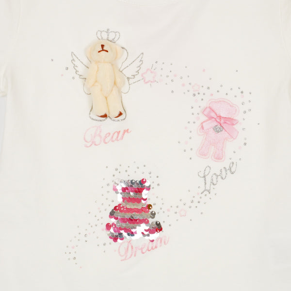 Girls' Bear Love Dream ' Printed Sequin Light Cream T-Shirt (3-12y) - Clothes4Kids