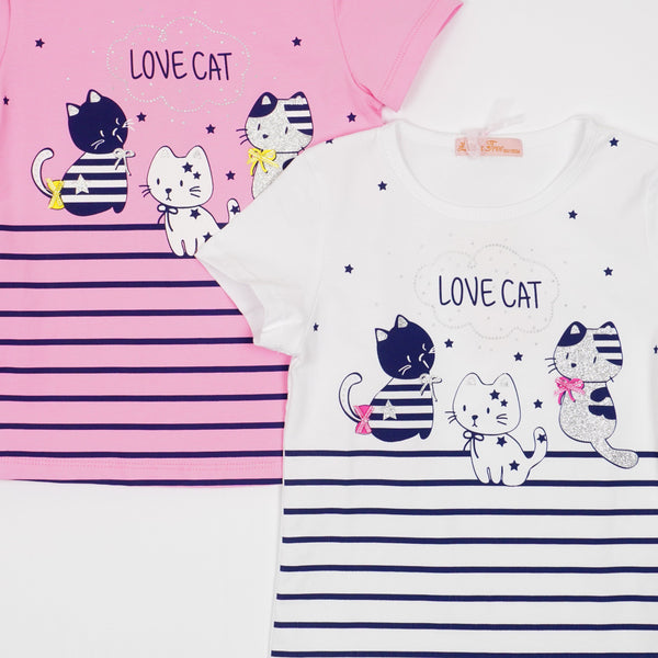 Girls' Love Cat ' Printed Pink/White T-Shirt (3-8y) - Clothes4Kids