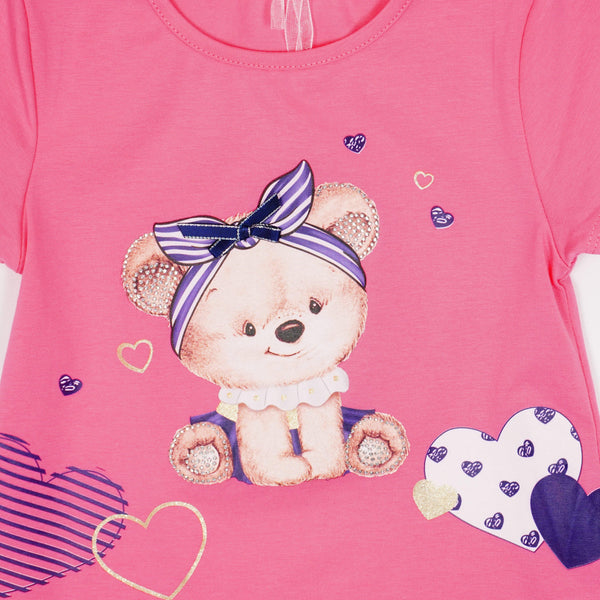 Girls' Teddy Bear ' Printed Pink/White T-Shirt / Tunic (2-7y) - Clothes4Kids