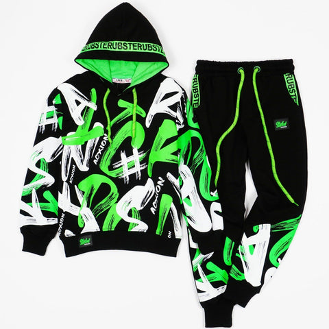 Boys' Graffiti' Printed Black/Green/White Tracksuit (8-13y) - Clothes4Kids