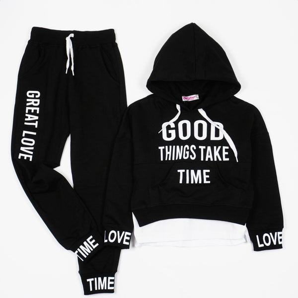 Girls' Good Time' Printed Black/ Red Tracksuit (7-12y) - Clothes4Kids