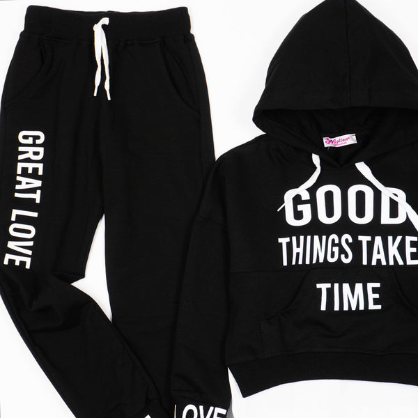 Girls' Good Time' Printed Black/ Red Tracksuit (7-12y) - Clothes4Kids
