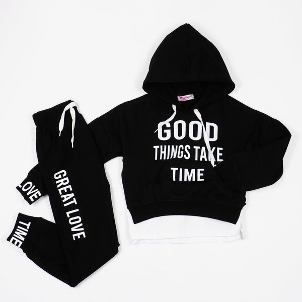 Girls' Good Time' Printed Black/ Red Tracksuit (7-12y) - Clothes4Kids