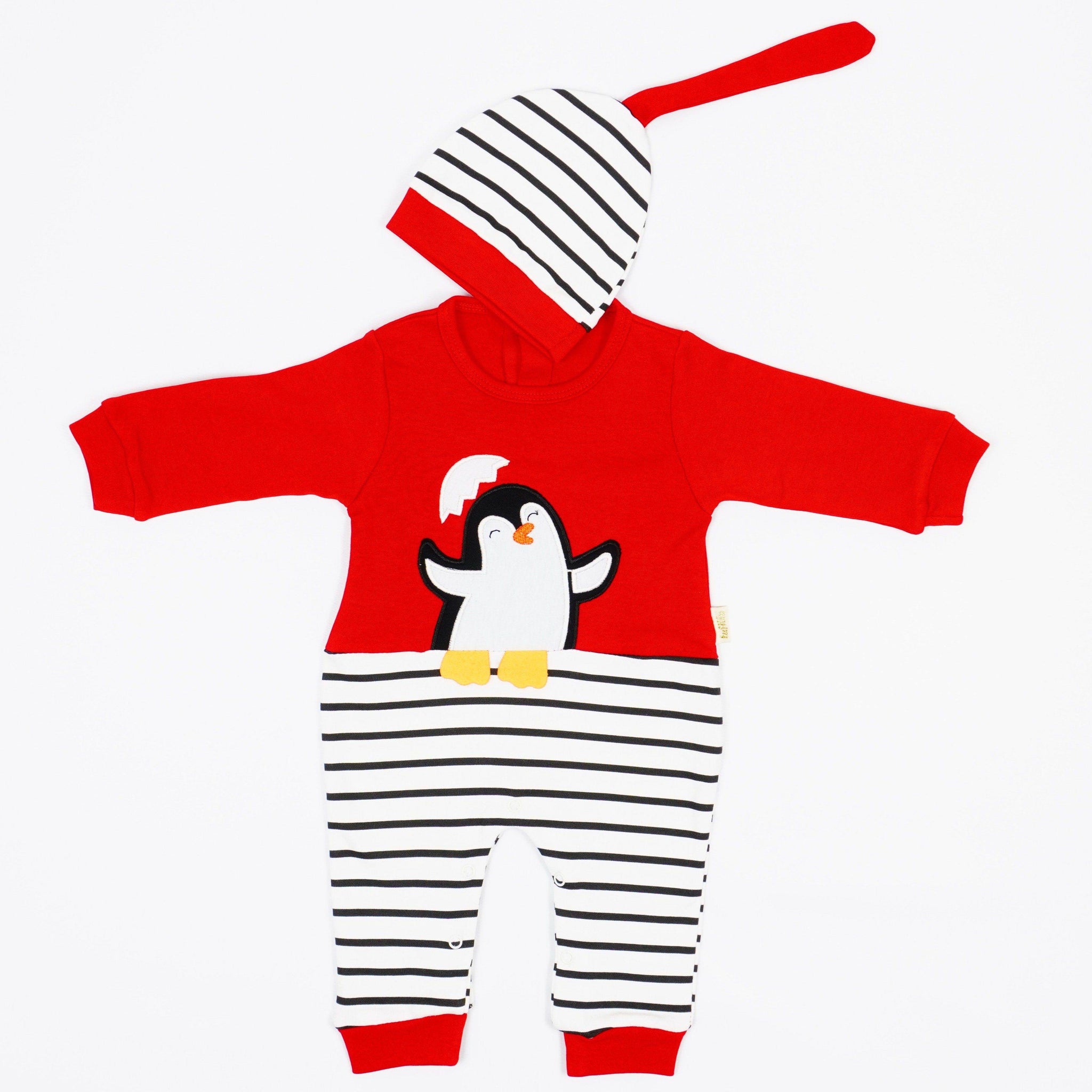 Baby Sleepsuit Penguin Printed Red 2pcs Set (6-12m) - Clothes4Kids