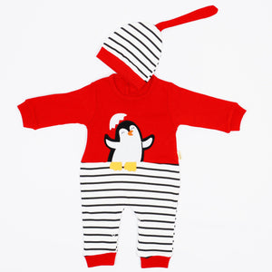 Baby Sleepsuit Penguin Printed Red 2pcs Set (6-12m) - Clothes4Kids