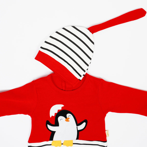 Baby Sleepsuit Penguin Printed Red 2pcs Set (6-12m) - Clothes4Kids