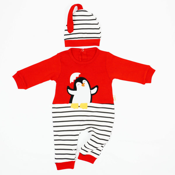Baby Sleepsuit Penguin Printed Red 2pcs Set (6-12m) - Clothes4Kids