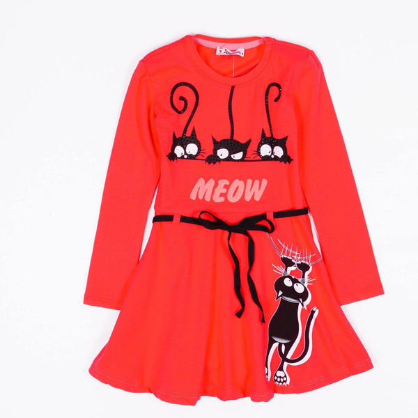 Girls' Meow' Cat' Printed Long Sleeve Dress (9m-7y) - Clothes4Kids