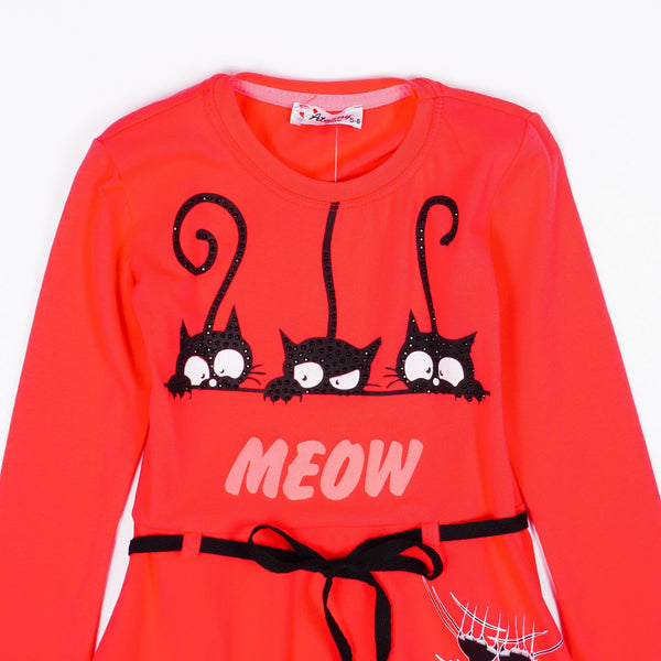 Girls' Meow' Cat' Printed Long Sleeve Dress (9m-7y) - Clothes4Kids