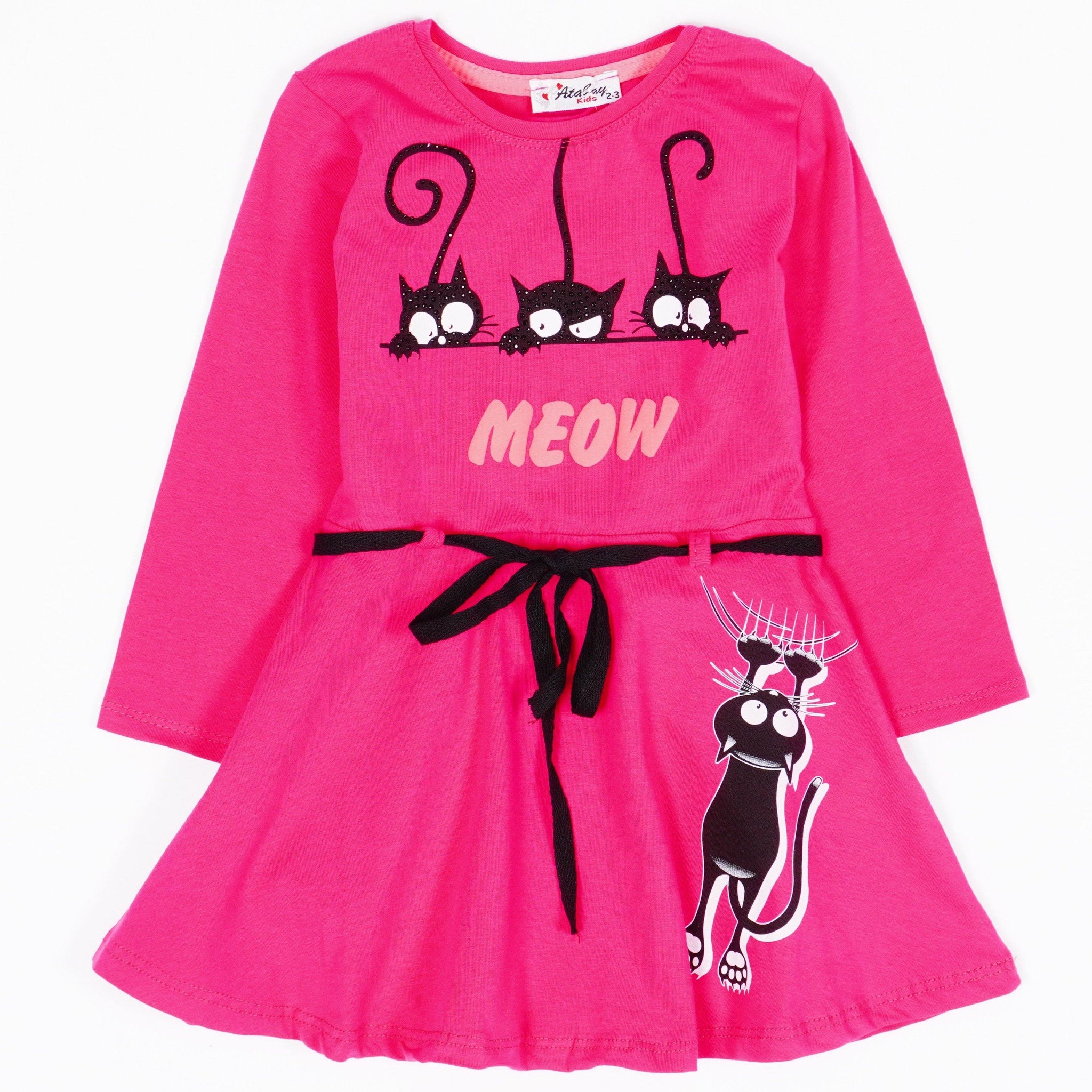 Girls' Meow' Cat' Printed Long Sleeve Dress (9m-7y) - Clothes4Kids