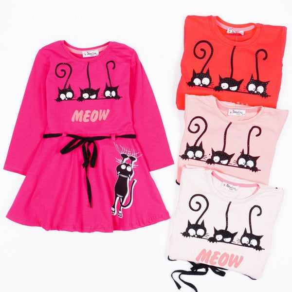 Girls' Meow' Cat' Printed Long Sleeve Dress (9m-7y) - Clothes4Kids