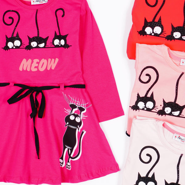 Girls' Meow' Cat' Printed Long Sleeve Dress (9m-7y) - Clothes4Kids