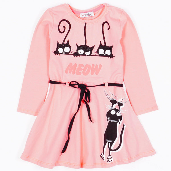 Girls' Meow' Cat' Printed Long Sleeve Dress (9m-7y) - Clothes4Kids