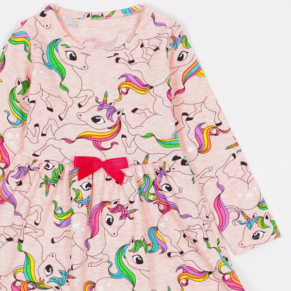 Girls' Unicorns' Printed Long Sleeve Pink Melange Dress (18m-6y) - Clothes4Kids