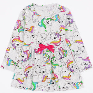 Girls' Unicorns' Printed Long Sleeve Light Grey Dress (18m-7y) - Clothes4Kids