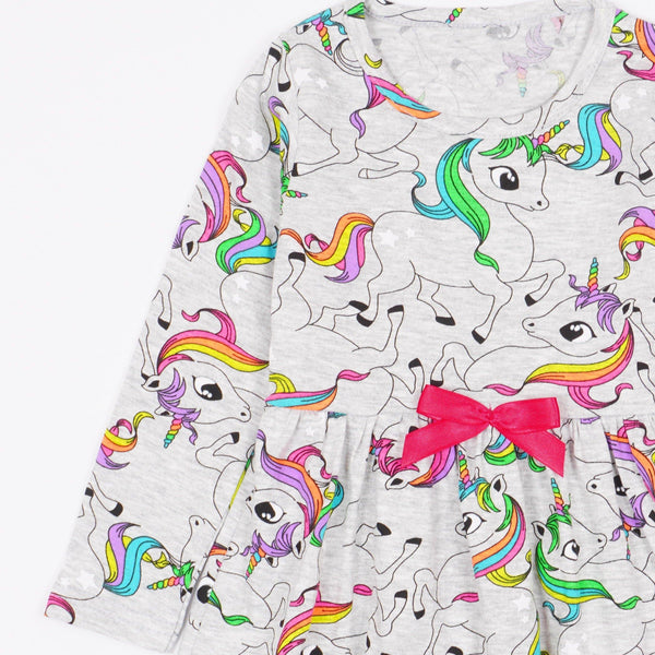 Girls' Unicorns' Printed Long Sleeve Light Grey Dress (18m-7y) - Clothes4Kids