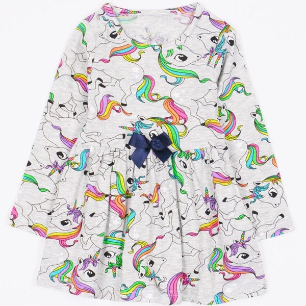 Girls' Unicorns' Printed Long Sleeve Light Grey Dress (18m-7y) - Clothes4Kids