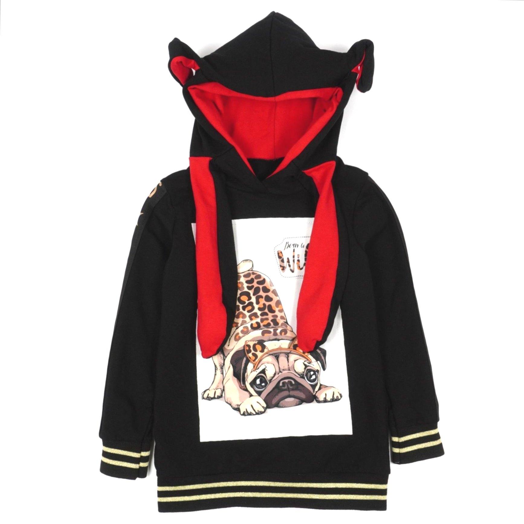 Girls' Pug Long Sleeve Black Hoodie/Tunic with Moving Ears (3-10y) - Clothes4Kids