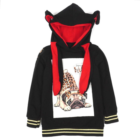 Girls' Pug Long Sleeve Black Hoodie/Tunic with Moving Ears (3-10y) - Clothes4Kids