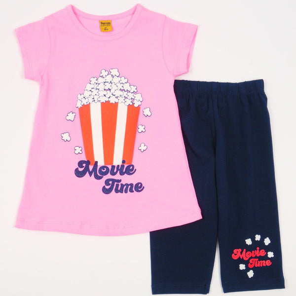 Girls' Movie Time' Popcorn Printed Pink/Navy Blue Summer Set (3-7y) - Clothes4Kids