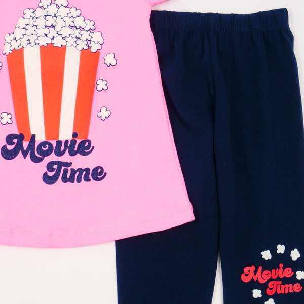 Girls' Movie Time' Popcorn Printed Pink/Navy Blue Summer Set (3-7y) - Clothes4Kids