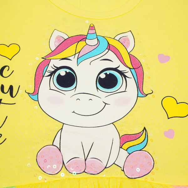 Girls' Sequin ' Cute Unicorn ' Printed Yellow/ Colourful Tulle Dress (2-8y) - Clothes4Kids