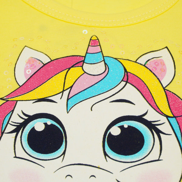 Girls' Sequin ' Cute Unicorn ' Printed Yellow/ Colourful Tulle Dress (2-8y) - Clothes4Kids