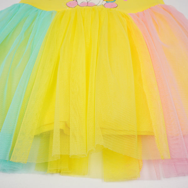 Girls' Sequin ' Cute Unicorn ' Printed Yellow/ Colourful Tulle Dress (2-8y) - Clothes4Kids