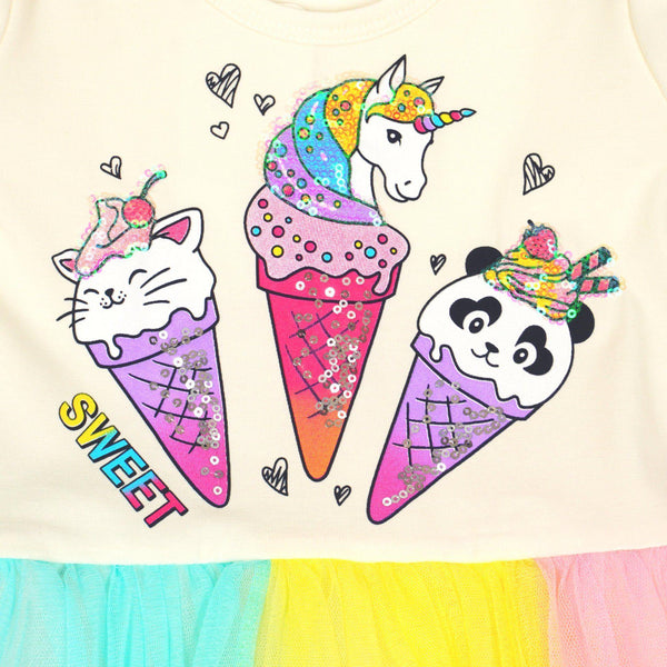 Girls' Sequin ' Sweet Ice Cream Cones' Printed Cream/ Colourful Tulle Dress (18m-6y) - Clothes4Kids