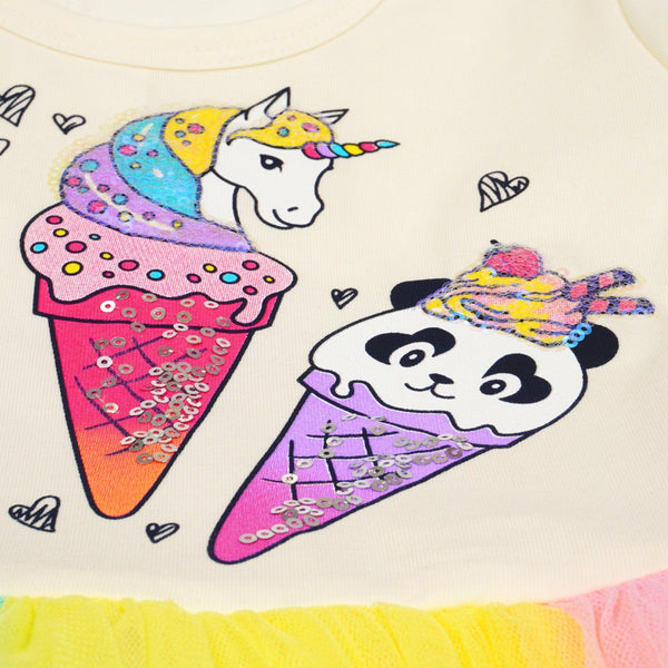 Girls' Sequin ' Sweet Ice Cream Cones' Printed Cream/ Colourful Tulle Dress (18m-6y) - Clothes4Kids