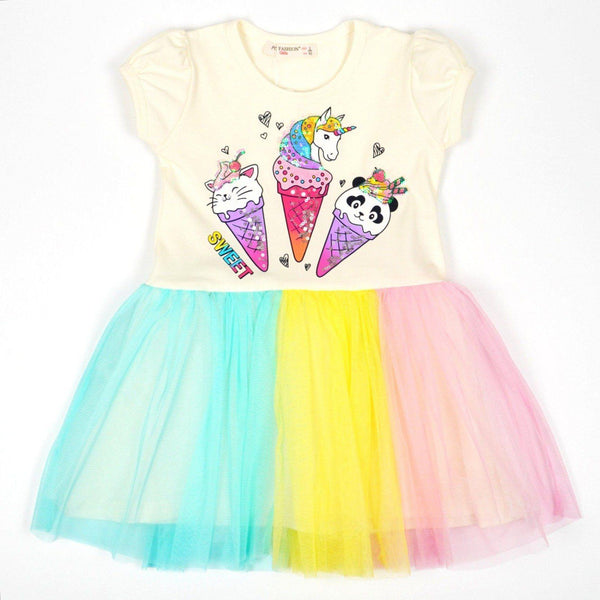 Girls' Sequin ' Sweet Ice Cream Cones' Printed Cream/ Colourful Tulle Dress (18m-6y) - Clothes4Kids