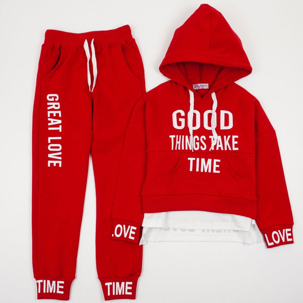 Girls' Good Time' Printed Black/ Red Tracksuit (7-12y) - Clothes4Kids