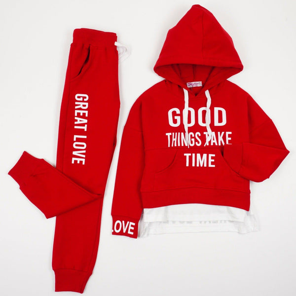 Girls' Good Time' Printed Black/ Red Tracksuit (7-12y) - Clothes4Kids