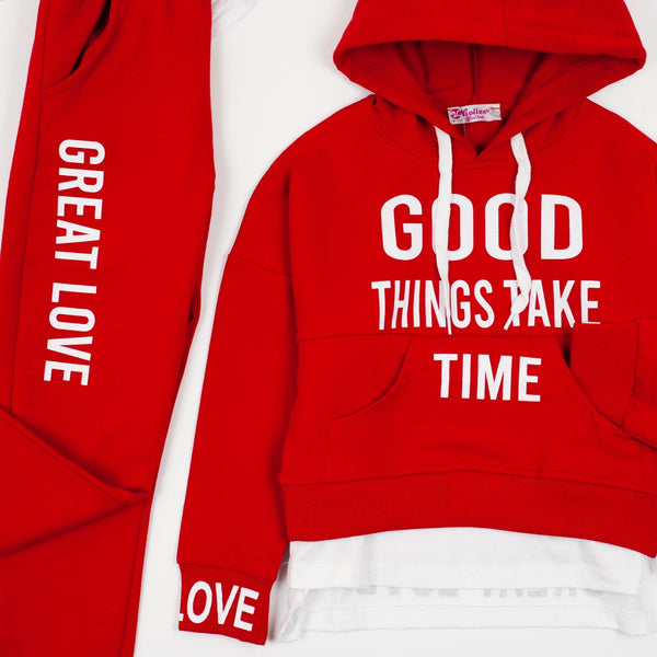 Girls' Good Time' Printed Black/ Red Tracksuit (7-12y) - Clothes4Kids