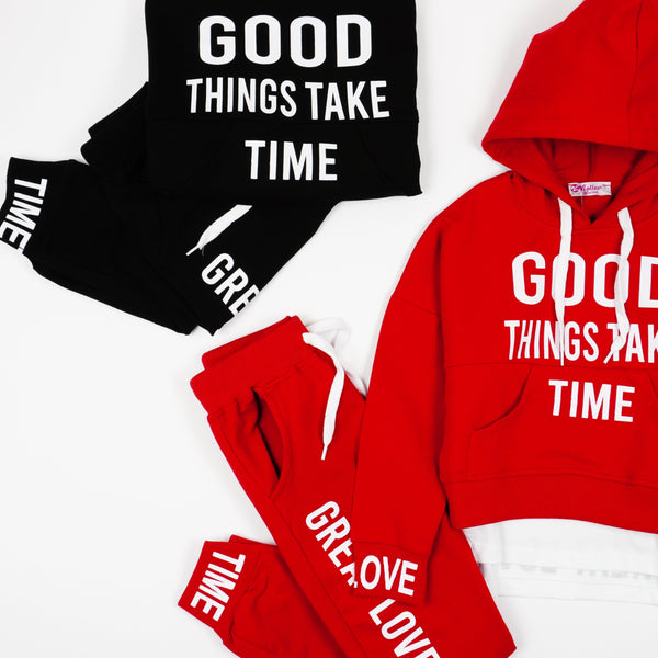 Girls' Good Time' Printed Black/ Red Tracksuit (7-12y) - Clothes4Kids