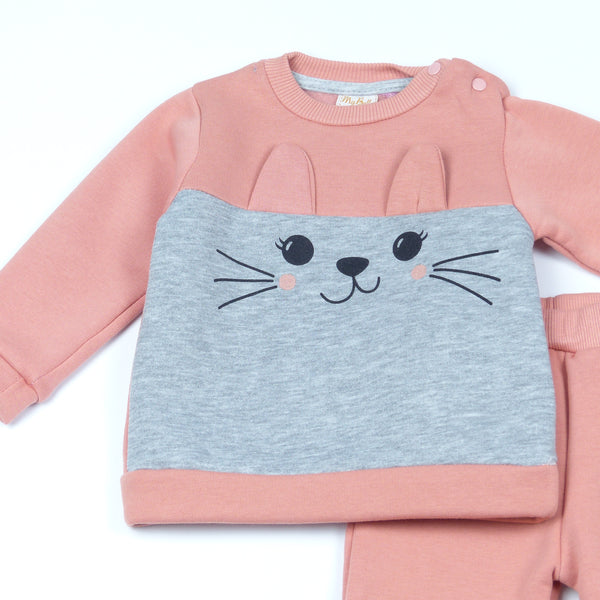 Girls' Cat Printed Winter Warm Coral Pink Tracksuit (3-18m) - Clothes4Kids