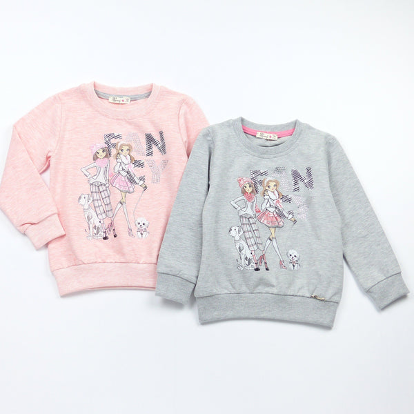 Girls' Fancy' Printed Long Sleeve Sweatshirt Grey/Pink Melange (3-9y) - Clothes4Kids