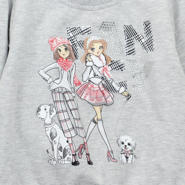 Girls' Fancy' Printed Long Sleeve Sweatshirt Grey/Pink Melange (3-9y) - Clothes4Kids